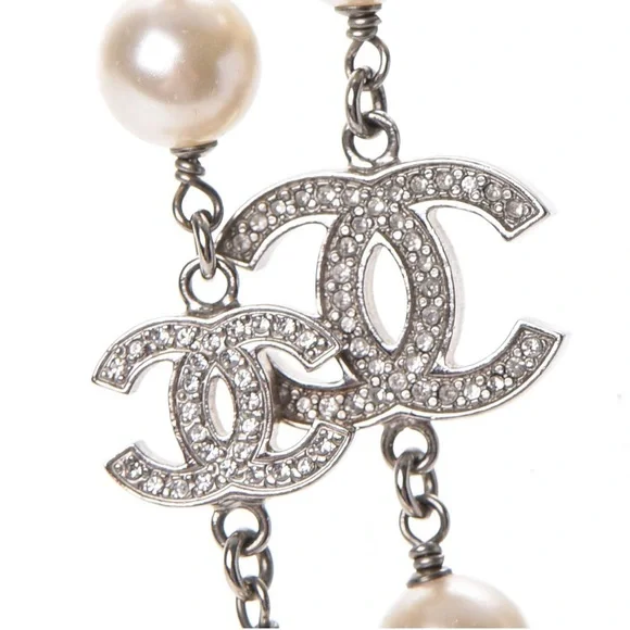 CHANEL Necklace Chain AUTH Coco 5 CC Logo Crystal Pearl 41 Inches